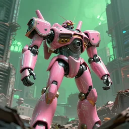 hyperrealistic hyperdetailed 60s mecha iridescent pink coming out of dystopian city ruins concept art santiago caruso de chirico sharp very dramatic green light 8k low angle shallow depth of field