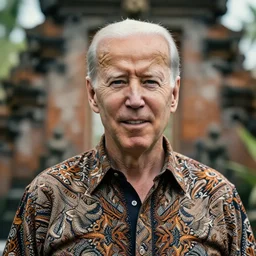 a portrait photo of joe biden wearing batik bali when holiday in bali, perfect faces, sigma 3 5 mm, cinematic