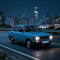 a car Lada 1300 in the middle of a road on the night city, blue color grading, cinematic color grading , unreal 5, hyperrealistic, realistic, photorealistic, dynamic lighting, highly detailed, cinematic landscape, studio landscape, studio lighting