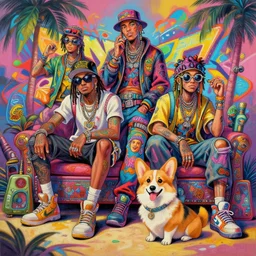 beautiful painting of hiphop solarpunk crew summertime chill with corgi, by, craig mullins, craig davison. trending on artstation, 8 k, masterpiece, graffiti paint, fine detail, full of color, intricate detail, golden ratio illustration