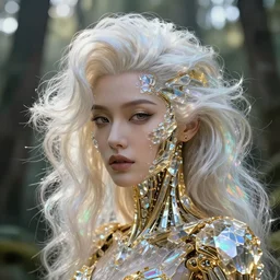 beautiful pragmatic face, crystal, platinum, gold, biomechanoid with incredible iridescent pearlescent voluminous fiberoptic hair, crystalline masterpiece implants, hyperdetailed face, elegant pose, movie still, intricate, octane render, cinematic forest lighting, unreal engine, dieselpunk setting, crepuscular rays, god rays.