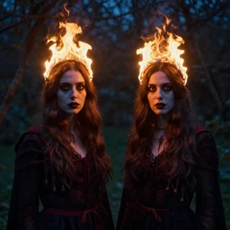 two women with crowns of fire on their heads. glowing. folk horror. gothic. in a garden at midnight