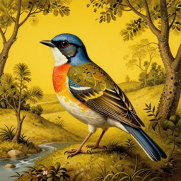 A beautiful experimental art of a bird in its natural habitat. The bird is shown in great detail, with its colorful plumage and intricate patterns. The background is a simple but detailed landscape, with trees, bushes, and a river. bright yellow by Jack Davis, by Hieronymus Bosch rich