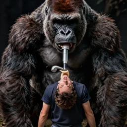 man with vaccum mouth being held upside down by a giant gorilla