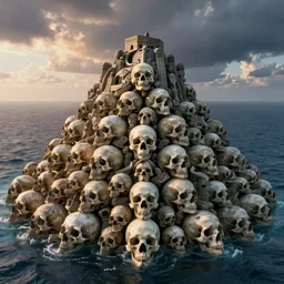 a mountain of skulls amidst the ocean, atlantis, morning light, dan mumford color scheme