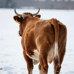 a cow in back view, snow background, extremely detailed digital art