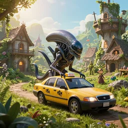 xenomorph taxi car in a fantasy village, calming, uplifting mood, ultra realistic, farm, small buildings, alien car, highly detailed, atmosphere, masterpiece, epic lighting, elves, green plants, magic, illuminated, 4 k, cinematic, morning sun, art by eddie mendoza, sylvain sarrailh