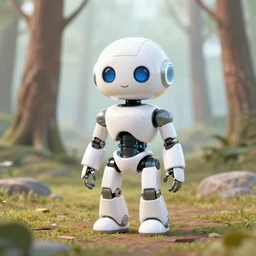 a small glossy white cyberpunk robot stands on the ground in a clearing of a forest of softly glowing white trees at night. blue glow in trees. cyril roland naomi okubo. trending on artstation. digital painting.