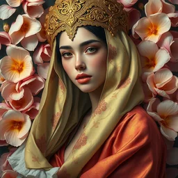 an intricate painting of a beautiful young lady surrounded by flowing flower petals covered in silk clothes with klimt golden motives and textures, hyper detailed, ornamental gold headpiece, octane render, vivid colors, artstation, by jeremy mann, by alphonse mucha, by boris vallejo