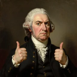 an oil painting portrait of angry george washington with his thumbs up