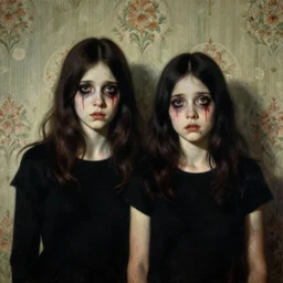 a beautiful and eerie baroque painting of two beautiful but creepy siblings wearing black band shirts in layers of fear, with haunted eyes and dark hair, 1 9 7 0 s, seventies, wallpaper, a little blood, morning light showing injuries, delicate embellishments, painterly, offset printing technique, by brom, robert henri, walter popp
