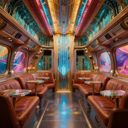 art deco spaceship interior, realistic, cinematic, vibrant.