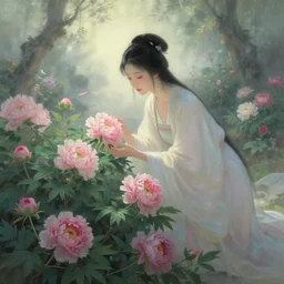 ancient fantasy garden, beautiful woman caring for peonies, fantasy world, ethereal back light, low global light, mist, coherent composition, detailed fantasy painting, noriyoshi ohrai, yuumei