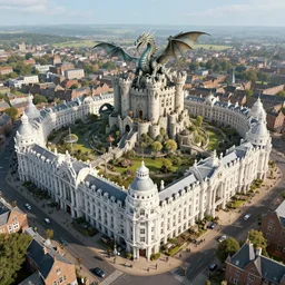 close aerial view of victorian roman england steampunk town, hyper realistic, futuristic white ornated buildings, steampunk, centerpiece dragon castle, land of tomorrow!!!