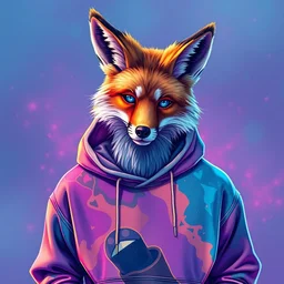 cool and stylish vaporwave anthropomorphic anthro male fox furry fursona, wearing an all over print hoodie, vibrant colors, vaporwave art style