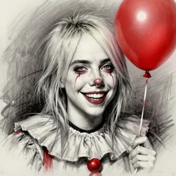 surrealism grunge cartoon portrait sketch of billie eilish with a wide smile and a red balloon by - michael karcz, loony toons style, pennywise style, horror theme, detailed, elegant, intricate