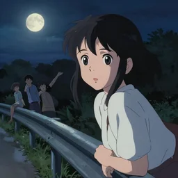 anime visual, dark portrait of a young woman sightseeing at midnight overlook from the park, moon, guardrail, cute face by ilya kuvshinov, yoh yoshinari, makoto shinkai, katsura masakazu, dynamic pose, dynamic perspective, cel shaded, flat shading mucha, rounded eyes, realistic proportions, dramatic, detailed facial features