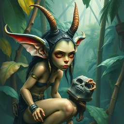goblin girl in the tropical rainforest biome. highly detailed, digital painting, watercolor, soviet realism, engraving, artstation, concept art, smooth, sharp focus, vivid grunge, manga, illustration, unreal engine 5, 8 k, art by bilibin and kuvshinov and malevich and mucha