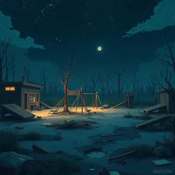 a stylized 2 d cinematic keyframe of a post - apocalyptic kid's playground at night covered by nature, destroyed plane, debris, abandoned, joy gaze, cel - shaded, classical animation, edge - to - edge print, rendered by studio ghibli, artgerm, alyssa monks, andreas rocha, david kassan, neil blevins, rule of thirds, golden ratio, ambient