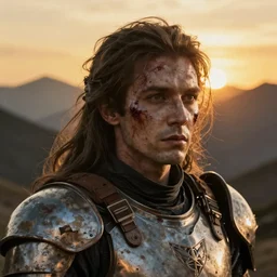 head and shoulders portrait of ghost rider, chipped armor, dirty armor, used armor, light spatter of blood, detailed face, photography by jimmy nelson, dramatic mountain background, golden hour