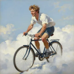 A painting of a joyful man riding a bicycle in the clouds, action shot, subject is smiling, expressive oil painting