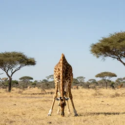 giraffe doing headstand, wide angle photograph