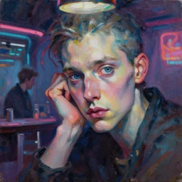 highly detailed expressionist oil painting of dark cyberpunk bar, neon glow, expressive, impasto, pastel shades, rough canvas textured, dynamic pose, top lighting, fine brush strokes, perfect face, hyper detailed face, digital painting, artstation, concept art, hyper detailed eyes, art by sam spratt and peter mohrbacher and james jean