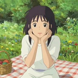 Character portrait of a woman enjoying a picnic in a lush park, defined facial features, photorealistic, digital illustration illustration, Makoto Shinkai and Studio Ghibli still, by Ilya Kuvshinov and Alphonse Mucha