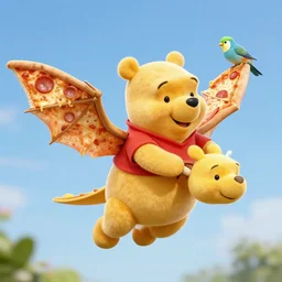 Winnie the Pooh riding a flying parakeet dragon, the wings are made of pizza, budgie bird, high resolution photo