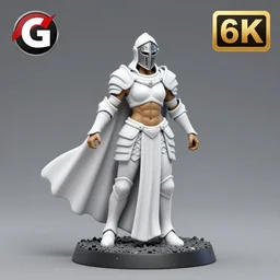 80mm resin detailed miniature of a Queen of war, white armor, iron mask and helmet, Very long white cloak, Very muscular, abdomen, olive skin, on textured base; Miniature product Introduction Photos, Logo, 4K, Full body; Front view