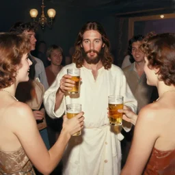 beautiful digital painting of jesus christ having a beer with some people at a party, flash photography, 7 0 s photo,