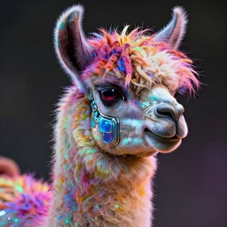llama with dreadlocks, vibrant colors, cybernetic glowing, by Paul Lehr, unreal engine, octane render, cinematic light, high details, iridescent colors, dichroic, macro