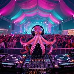 award winning low angle photo of a single octopus! as a dj! wearing headphones! with tentacles! simultaneously placed turntables! cdjs! and knobs,! of a pioneer dj mixer! at psytrance! festival! in front of a large crowd, fuchsia and cyan lighting, 8 k detail, volumetric lighting, wide angle, trending on artstation, by huang guangjian and gil elvgren and sachin teng