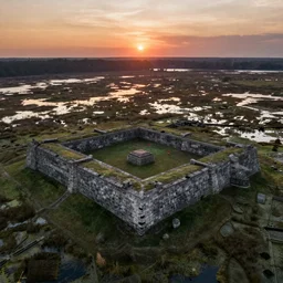 aerial view of a stone fort sitting above a swamp in the sunset, dramatic lighting by alan lee by peter mohrbacher, trending on artstation sharp focus vfx key shot