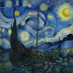 oil painting of a viking longship invading new york harbor at night, light scatter, van gogh