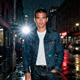 night flash portrait photography of jason momoa on a rainy night on the lower east side by annie leibovitz, leave shutter open for 2 seconds, flash stops motion, raining!!!, colorful!!, nighttime!!,