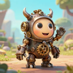 a tiny cute steampunk monster with cogs and screws and big eyes smiling and waving, back view, isometric 3 d, ultra hd, character design by mark ryden and pixar and hayao miyazaki, unreal 5, daz, hyperrealistic, octane render, cosplay, rpg portrait, dynamic lighting, intricate detail, summer vibrancy, cinematic