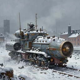 highly detailed painting of dieselpunk stockholm, winter, snow, dystopia, by greg rutkowski, by raphael lacoste, 4 k resolution, trending on artstation