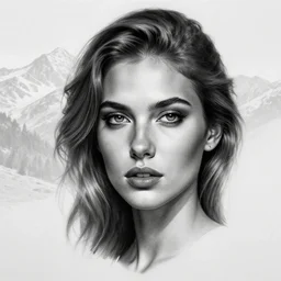 tattoo design sketch of a beautiful woman face with a faded background of beautiful mountains and nature on her left side, hyper - realistic, in the style of den yakovlev, amazing detail, black and white