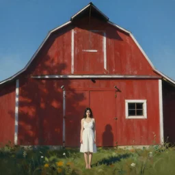 a young woman in!! the shadow! of a red barn!. black hair, white! dress, sharp focus, wide angle, digital art by eddie mendoza, andrei riabovitchev, craig mullins, mate painting, cinematic lighting