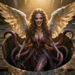 a sewer pit woman indescribable horror monster with tentacles transformed into a beautiful angel, seducing eyes, big smile, fangs and slime, volumetric lighting, beautiful, golden hour, sharp focus, ultra detailed, cgsociety by leesha hannigan, ross tran, thierry doizon, kai carpenter, ignacio fernandez rios, noir photorealism, film