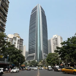 photograph of mumbai in the future, india, urban buildings, street view