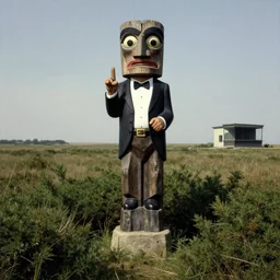 fantasy artwork of a danny devito totem in an open field surrounded by shrubbery, frank frazetta, edward hopper, banksy