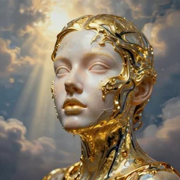 female face melting liquid acrylic painting abstract in golden glass and black latex veins, hypperrealistic 3 d sculpture, bokeh, long exposure, close up portrait, epic light, clouds, god rays, heaven, art noveau, artistic sketch
