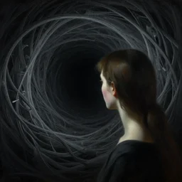 she peers into the abyss, and the abyss looks back at her, painting by beksinski and john harris, dramatic lighting, smooth, sharp details, intricate, sad