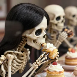 closeup profile portrait of a cute skeletons eating cakes, nicoletta ceccoli, mark ryden, lostfish, max fleischer, depth of field, detailed and intricate environment, golden hour, 8 k resolution, hyperrealistic, octane render, vivid colors, bright, cheerful, detailed and intricate gothic environment