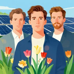 illustrated portrait of field solar panels flowers growing beterr, colorful, modern art deco, mads berg, karolis strautniekas, christopher balaskas, stippled light, moody, fine texture, dynamic composition perspective, detailed, matte print, muted color, ( ( victo ngai ) ), fog