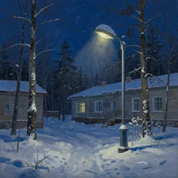 painting by Quint Buchholz, atmospheric cozy sovietpunk communal housing in the middle of a severe russian forest at night, sodium lamp illumination, snow falling, night time, night sky, deep night sky, by Quint Buchholz