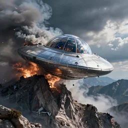 shiny metallic silver UFO flying saucer with glass dome crashed into the side of a mountain, damaged smoking and burning
