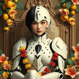 a portrait of asian female with short black hair dressed with a robot knight plastic white armor dress from evangelion, sit in a throne surrounded by garlands of tropical fruits and flowers, masterpiece painted by jc leyendecker